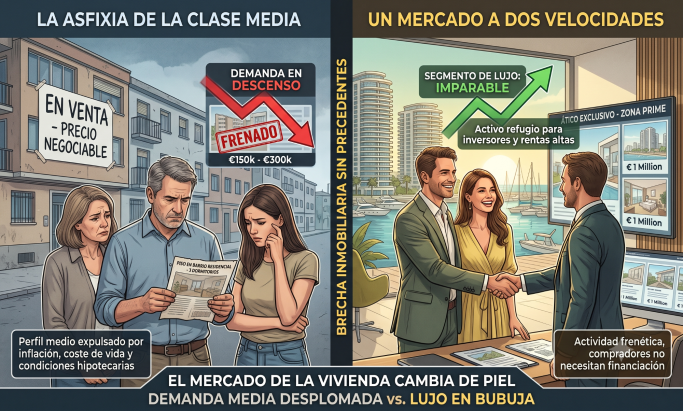 Se asfixia la clase media Ilustración sobre la clase media, mostrando dos mercados contrastantes de bienes raíces.